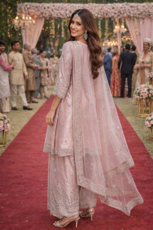 Free Size Stitched Pink Floral Embroidered Net Palazzo Suits (ACA6034)