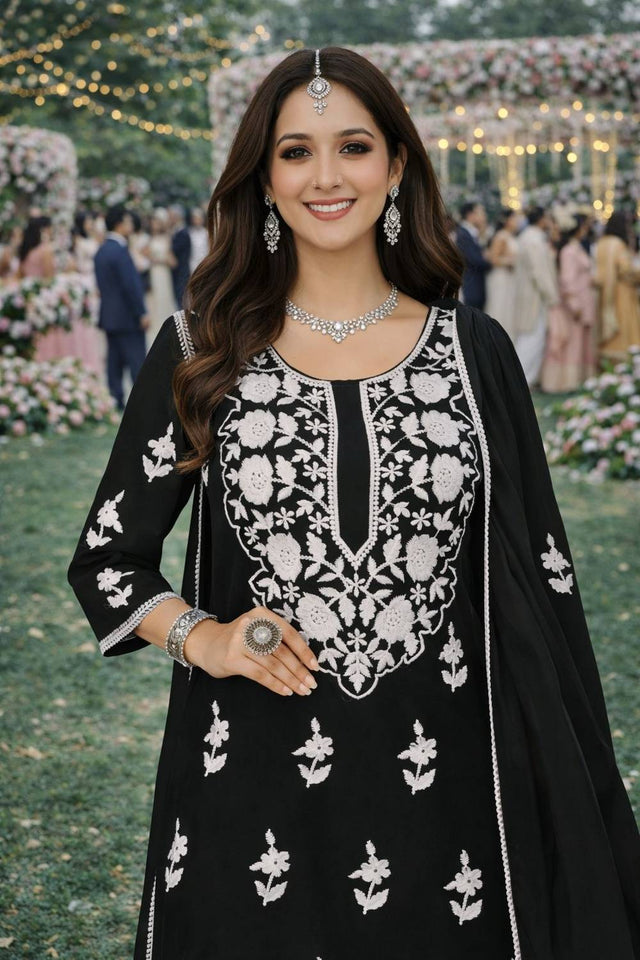 Free Size Stitched Black Floral Embroidered Georgette Palazzo Suits (ACA6036)