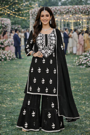 Free Size Stitched Black Floral Embroidered Georgette Palazzo Suits (ACA6036)