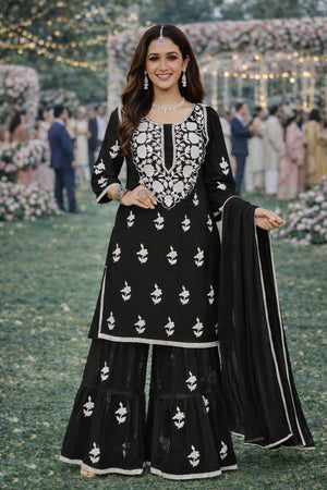 Free Size Stitched Black Floral Embroidered Georgette Palazzo Suits (ACA6036)