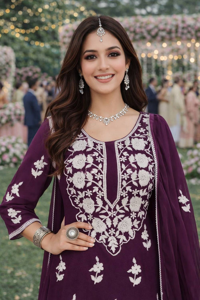Free Size Stitched Wine Floral Embroidered Georgette Palazzo Suits (ACA6037)