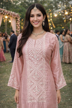 Free Size Stitched Pink Floral Embroidered Chinon Palazzo Suits (ACA6038)