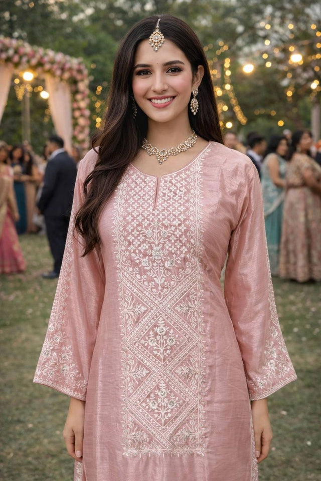 Free Size Stitched Pink Floral Embroidered Chinon Palazzo Suits (ACA6038)