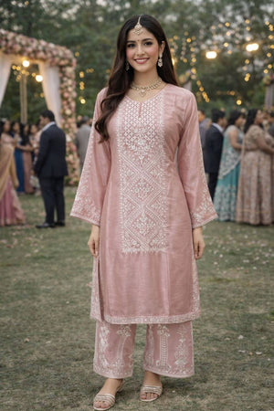 Free Size Stitched Pink Floral Embroidered Chinon Palazzo Suits (ACA6038)