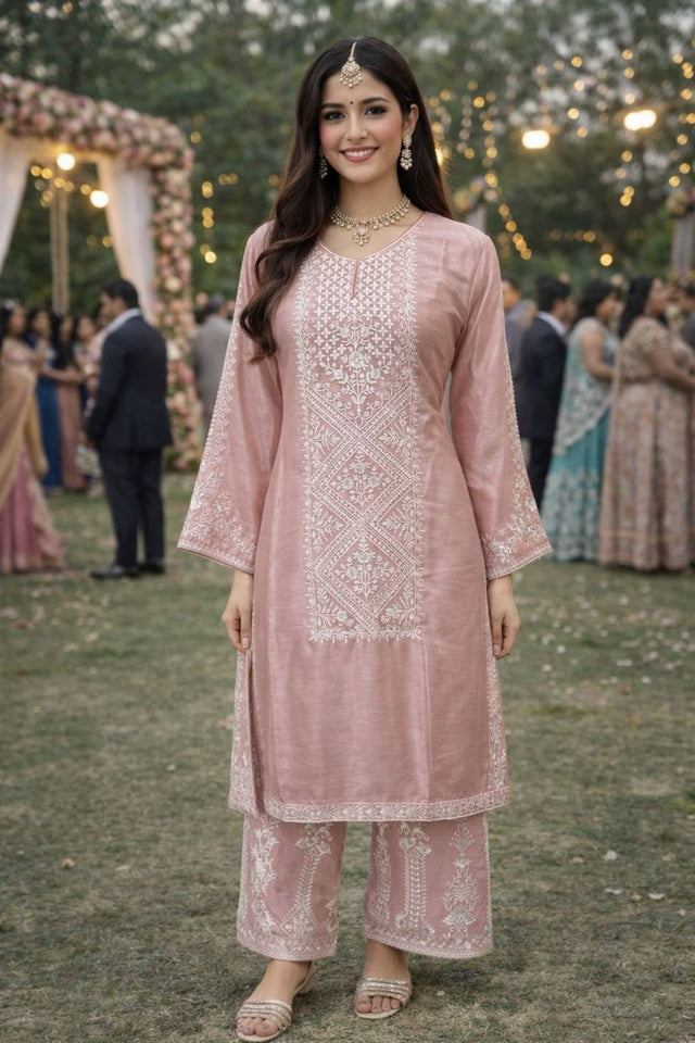 Free Size Stitched Pink Floral Embroidered Chinon Palazzo Suits (ACA6038)