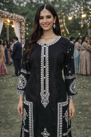 Free Size Stitched Black Floral Embroidered Chinon Palazzo Suits (ACA6039)