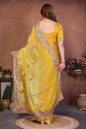 Yellow Floral Embroidered Chiffon Saree (ACA6062)