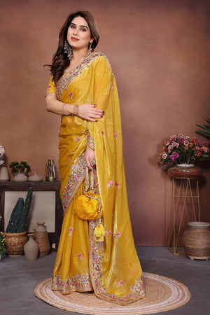 Yellow Floral Embroidered Chiffon Saree (ACA6062)