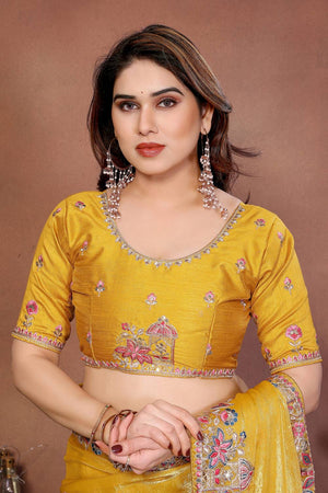 Yellow Floral Embroidered Chiffon Saree (ACA6062)