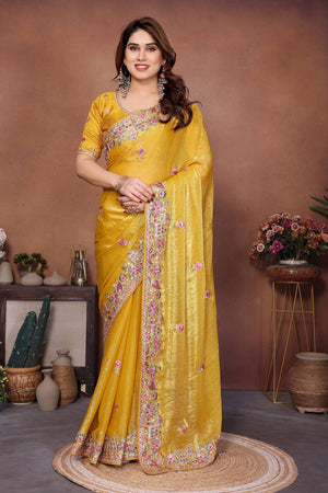 Yellow Floral Embroidered Chiffon Saree (ACA6062)