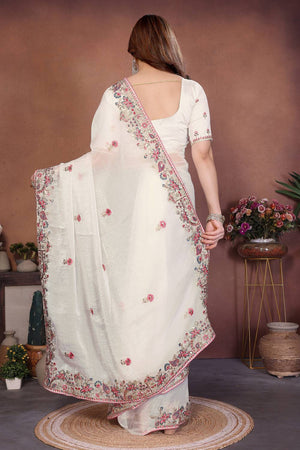 Off White Floral Embroidered Chiffon Saree (ACA6063)