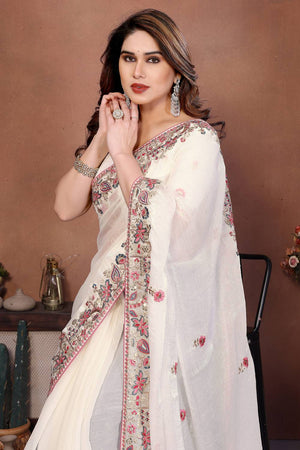 Off White Floral Embroidered Chiffon Saree (ACA6063)