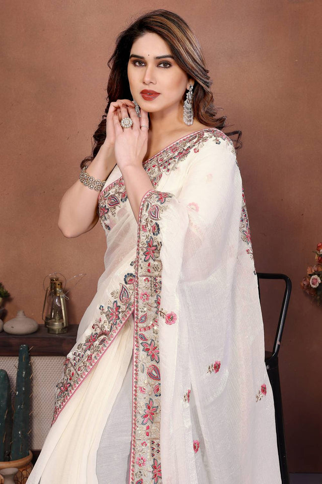 Off White Floral Embroidered Chiffon Saree (ACA6063)