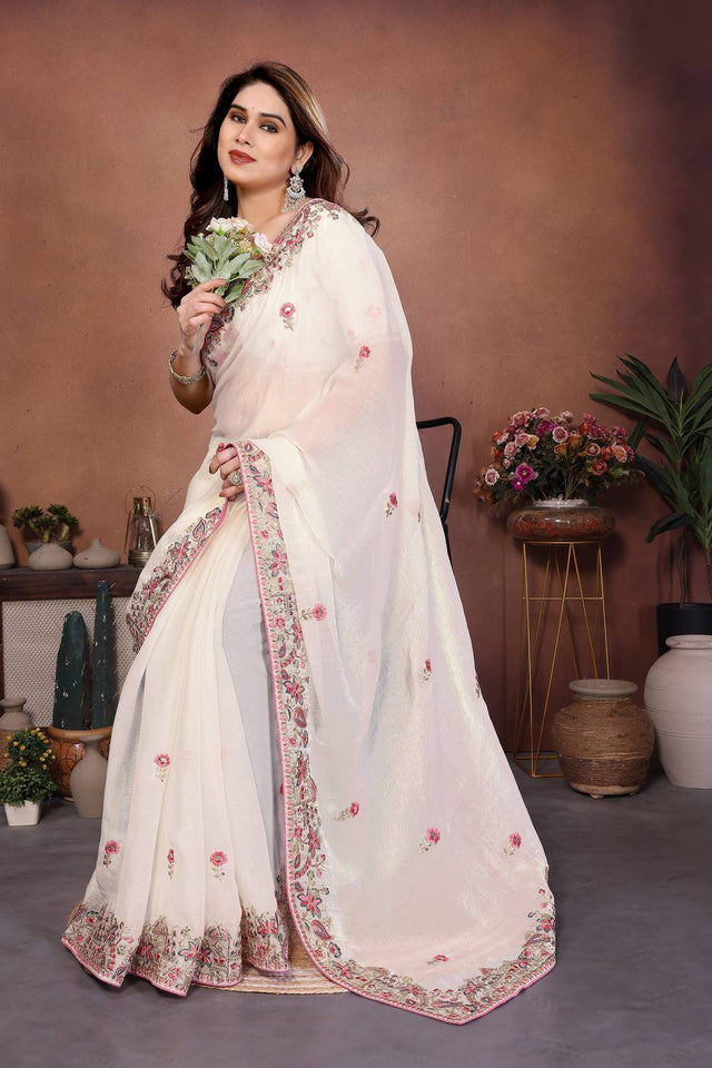 Off White Floral Embroidered Chiffon Saree (ACA6063)