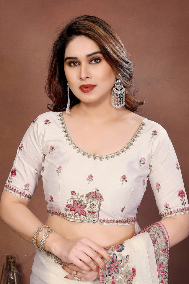 Off White Floral Embroidered Chiffon Saree (ACA6063)