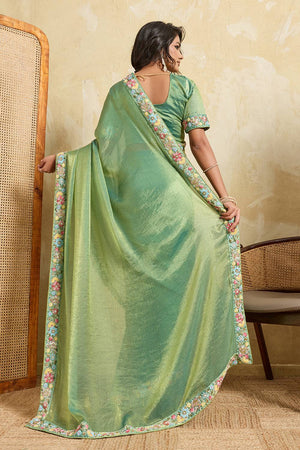 Green Floral Embroidered Chiffon Saree (ACA6064)