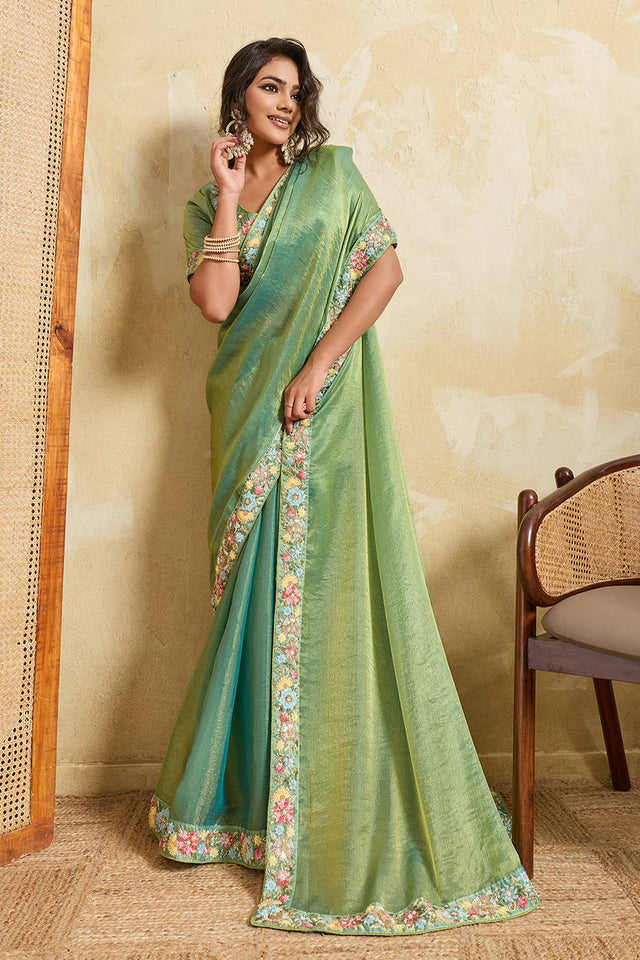 Green Floral Embroidered Chiffon Saree (ACA6064)