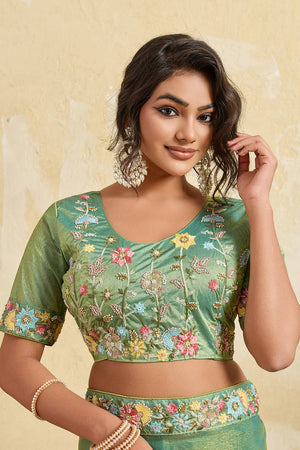 Green Floral Embroidered Chiffon Saree (ACA6064)
