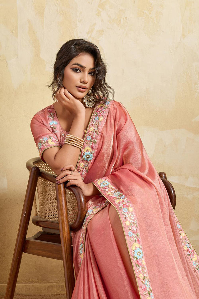 Pink Floral Embroidered Chiffon Saree (ACA6065)