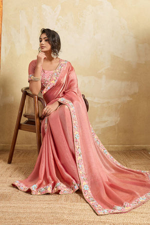 Pink Floral Embroidered Chiffon Saree (ACA6065)