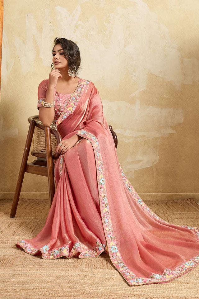 Pink Floral Embroidered Chiffon Saree (ACA6065)