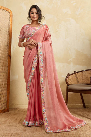 Pink Floral Embroidered Chiffon Saree (ACA6065)