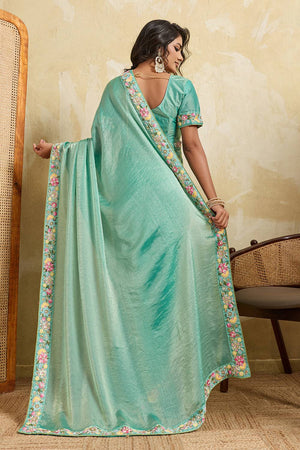 Sea Green Floral Embroidered Chiffon Saree (ACA6066)