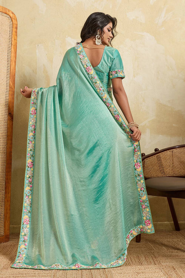 Sea Green Floral Embroidered Chiffon Saree (ACA6066)