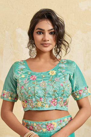 Sea Green Floral Embroidered Chiffon Saree (ACA6066)