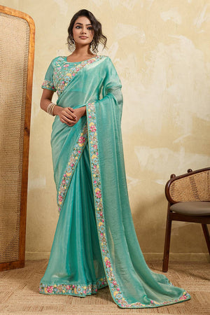 Sea Green Floral Embroidered Chiffon Saree (ACA6066)