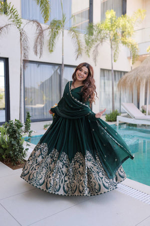 Green Floral Embroidered Silk Blend Gown (ACA6067)