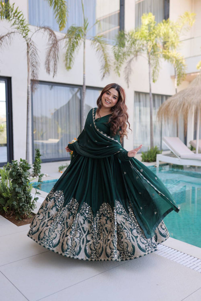 Green Floral Embroidered Silk Blend Gown (ACA6067)
