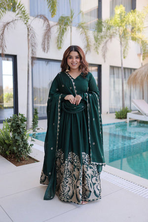 Green Floral Embroidered Silk Blend Gown (ACA6067)