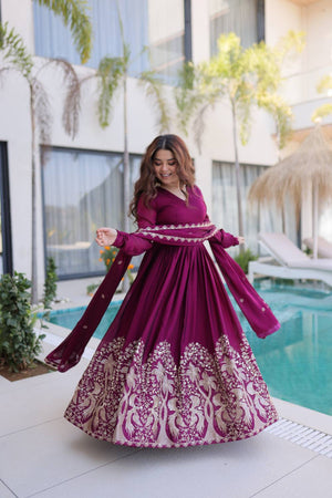 Wine Floral Embroidered Silk Blend Gown (ACA6068)