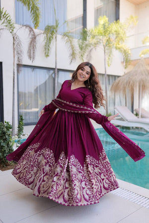 Wine Floral Embroidered Silk Blend Gown (ACA6068)