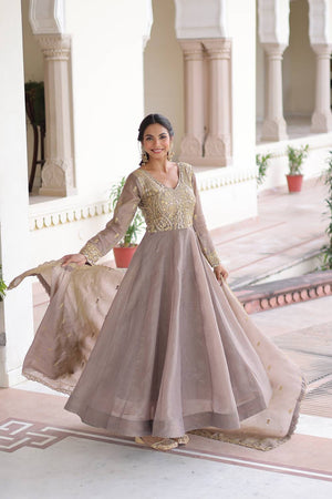 Grey Sequin with Embroidered Silk Blend Gown (ACA6069)