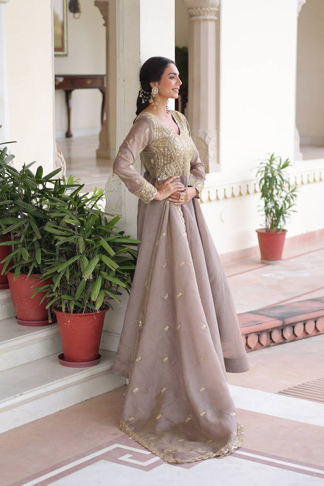 Grey Sequin with Embroidered Silk Blend Gown (ACA6069)