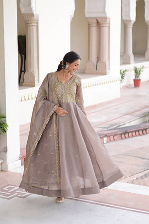 Grey Sequin with Embroidered Silk Blend Gown (ACA6069)
