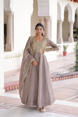 Grey Sequin with Embroidered Silk Blend Gown (ACA6069)