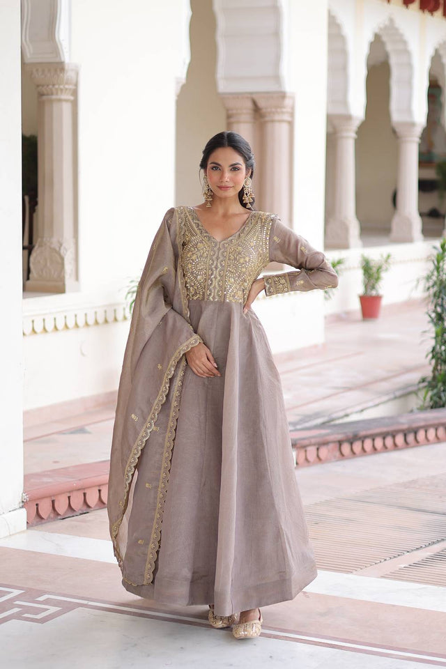 Grey Sequin with Embroidered Silk Blend Gown (ACA6069)