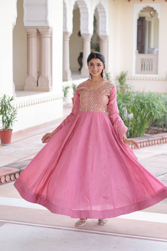Pink Sequin with Embroidered Silk Blend Gown (ACA6070)