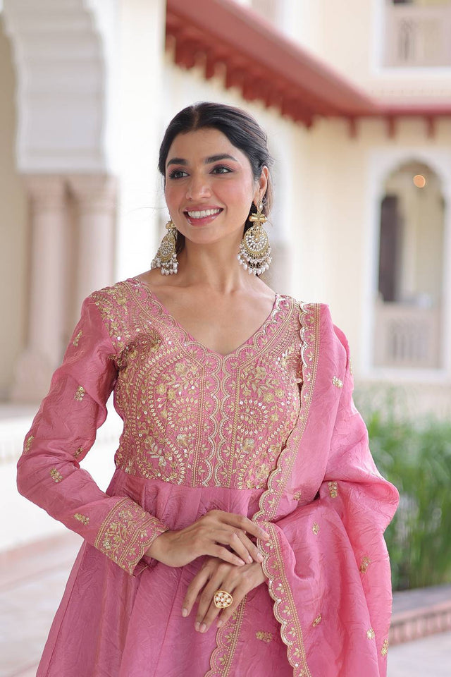 Pink Sequin with Embroidered Silk Blend Gown (ACA6070)
