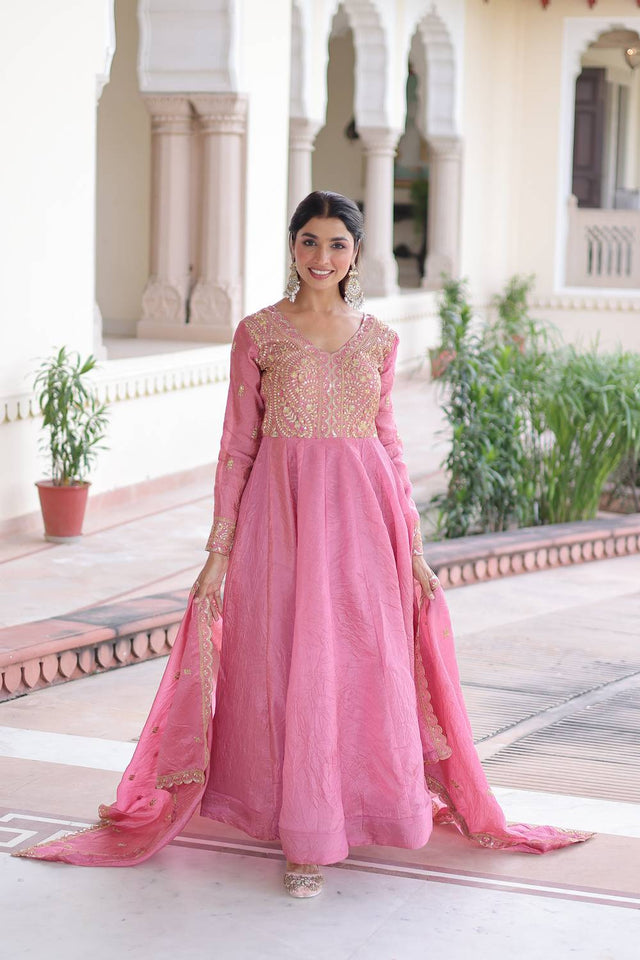Pink Sequin with Embroidered Silk Blend Gown (ACA6070)