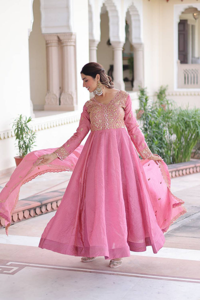 Pink Sequin with Embroidered Silk Blend Gown (ACA6070)