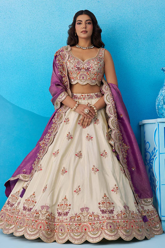 Cream Floral Embroidered Tissue Lehenga (ACA6085)