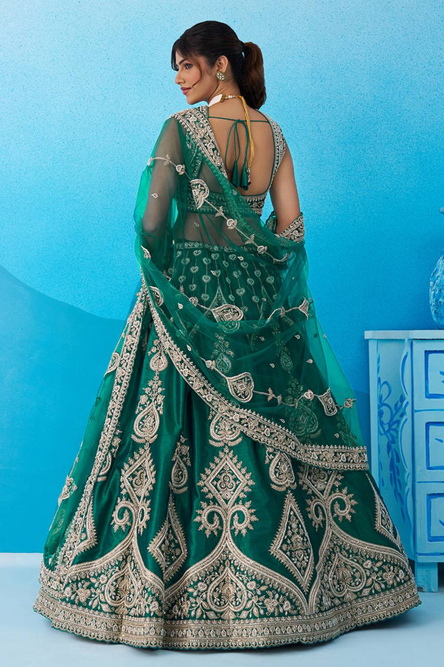 Turquoise Floral Embroidered Silk Lehenga (ACA6087)