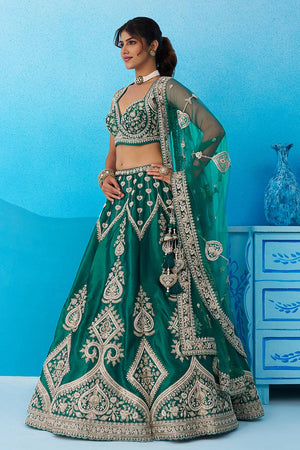 Turquoise Floral Embroidered Silk Lehenga (ACA6087)