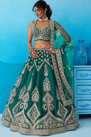 Turquoise Floral Embroidered Silk Lehenga (ACA6087)