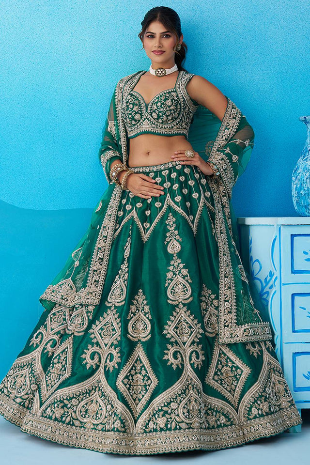 Turquoise Floral Embroidered Silk Lehenga (ACA6087)