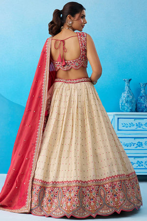 Cream Floral Embroidered Jacquard Lehenga (ACA6089)